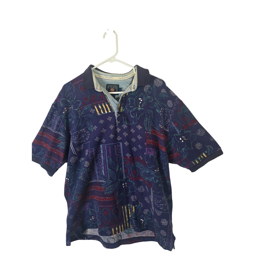 Vintage Chaps Ralph Lauren Men L Polo Shirt Abstract Floral Patchwork Navy Blue